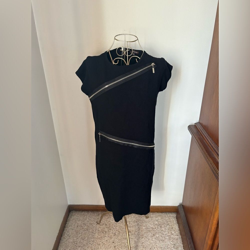 Adrienne Vittadini Black Short Sleeve Zipper Detail Dress Size Small